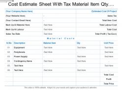 Cost estimate sheet with tax material item qty and price