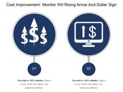 Cost improvement monitor with rising arrow and dollar sign