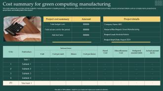 Cost Summary For Green Computing Manufacturing Carbon Free Computing