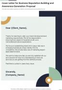 Cover Letter For Business Reputation Building And Awareness One Pager Sample Example Document
