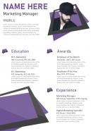 Creative visual resume template for marketing manager infographic