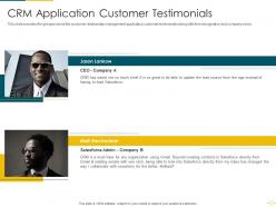 Crm application customer testimonials crm software analytics investor funding elevator ppt graphics