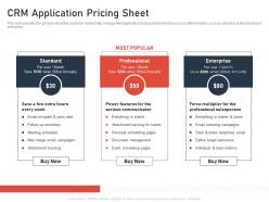 Crm application pricing sheet saas crm investor funding elevator ppt clipart