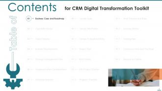 A slide titled Contents for a CRM digital transformation toolkit with a table of contents listing various sections