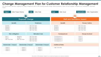A template slide detailing a change management plan for CRM with sections on proposed changes, staff and operations impact, risk mitigation, estimated costs, consequences, stakeholder impacts, and additional notes