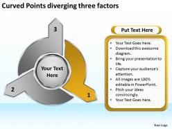 Curved points diverging three factors circular spoke process powerpoint slides