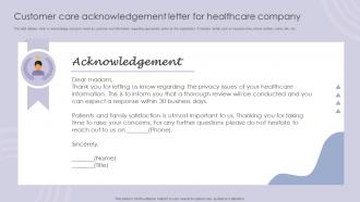 Customer Care Acknowledgement Letter For Healthcare Company