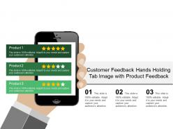 Customer feedback hands holding tab image with product feedback