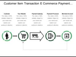 Customer item transaction e commerce payment steps with arrows and icons