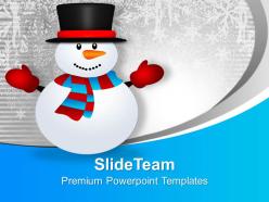 Cute snowman on snowy mountain holidays powerpoint templates ppt themes and graphics