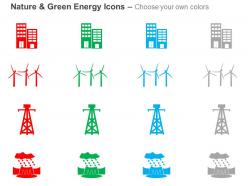 Cz green energy icons with windmill towers and building ppt icons graphics