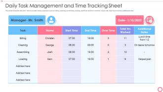Daily task management and time tracking sheet