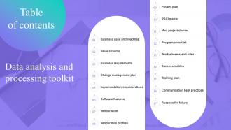 Data Analysis And Processing Toolkit Table Of Contents Ppt Infographics