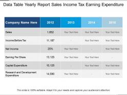 Data table yearly report sales income tax earning expenditure