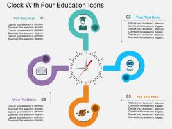 Db clock with four education icons flat powerpoint design