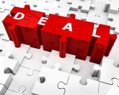 Deal on red puzzle pieces stock photo