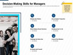 Decision making skills for managers leadership and management learning outcomes ppt icon