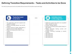 Defining transition requirements tasks and activities solution assessment and validation