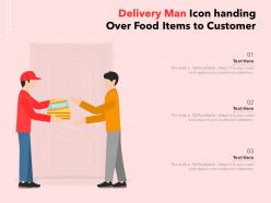 Delivery man icon handing over food items to customer