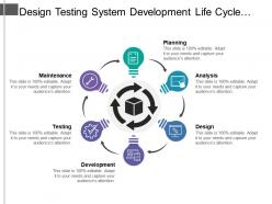 Design testing system development life cycle with circular arrows and icons