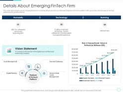 Details about emerging fintech solutions company investor funding elevator ppt diagrams