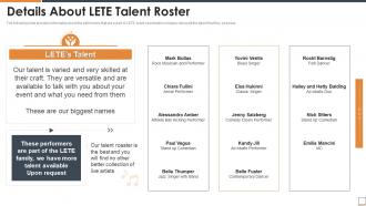 Details about lete talent roster lete funding elevator ppt diagram lists