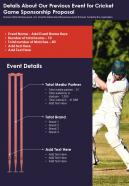 Details About Our Previous Event For Cricket Game Sponsorship One Pager Sample Example Document