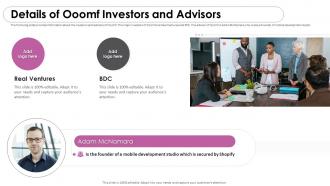 Details of ooomf investors and advisors ooomf now crew investor funding elevator pitch deck