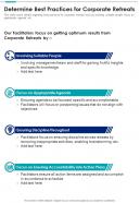 Determine Best Practices For Corporate Retreats One Pager Sample Example Document