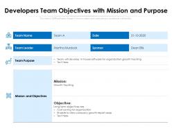 Developers team objectives with mission and purpose