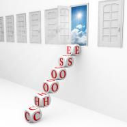 Dice ladder with choose word and way out door stock photo