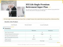 Different aspects of retirement planning xyz life single premium retirement super plan ppt slides