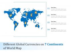Different global currencies on 7 continents of world map