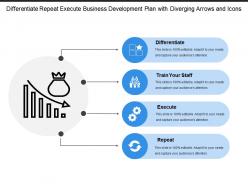 Differentiate repeat execute business development plan with diverging arrows and icons
