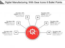 Digital manufacturing with gear icons 6 bullet points