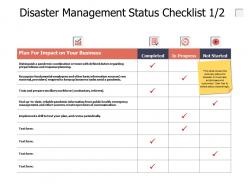Disaster management status checklist a640 ppt powerpoint presentation outline guidelines