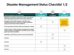 Disaster management status checklist progress ppt powerpoint slides