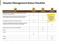 Disaster management status checklist workforce ppt powerpoint presentation pictures clipart