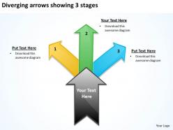 diverging arrows showing 3 stages Charts and Networks PowerPoint Slides