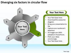 Diverging six factors circular flow arrows diagram software powerpoint slides