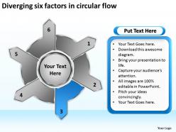 Diverging six factors circular flow arrows diagram software powerpoint slides