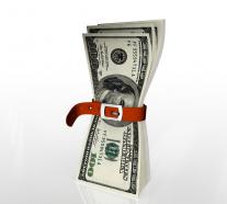 Dollars with tighten belt for financial crisis stock photo