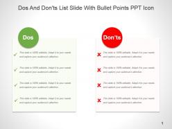 Dos and donts list slide with bullet points ppt icon