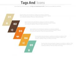 Download five staged colored tags and icons business process flow flat powerpoint design
