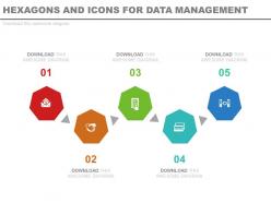 Download five staged hexagons and icons for data management flat powerpoint design