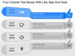 Dp four colored text boxes with like sign and gear powerpoint template