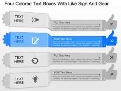 Dp four colored text boxes with like sign and gear powerpoint template