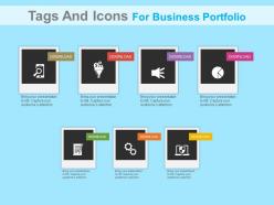 Dw seven staged option tags and icons for business portfolio flat powerpoint design