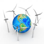 Earth surrounded by windmills stock photo