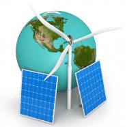 Earth with solar panels and windmill stock photo
